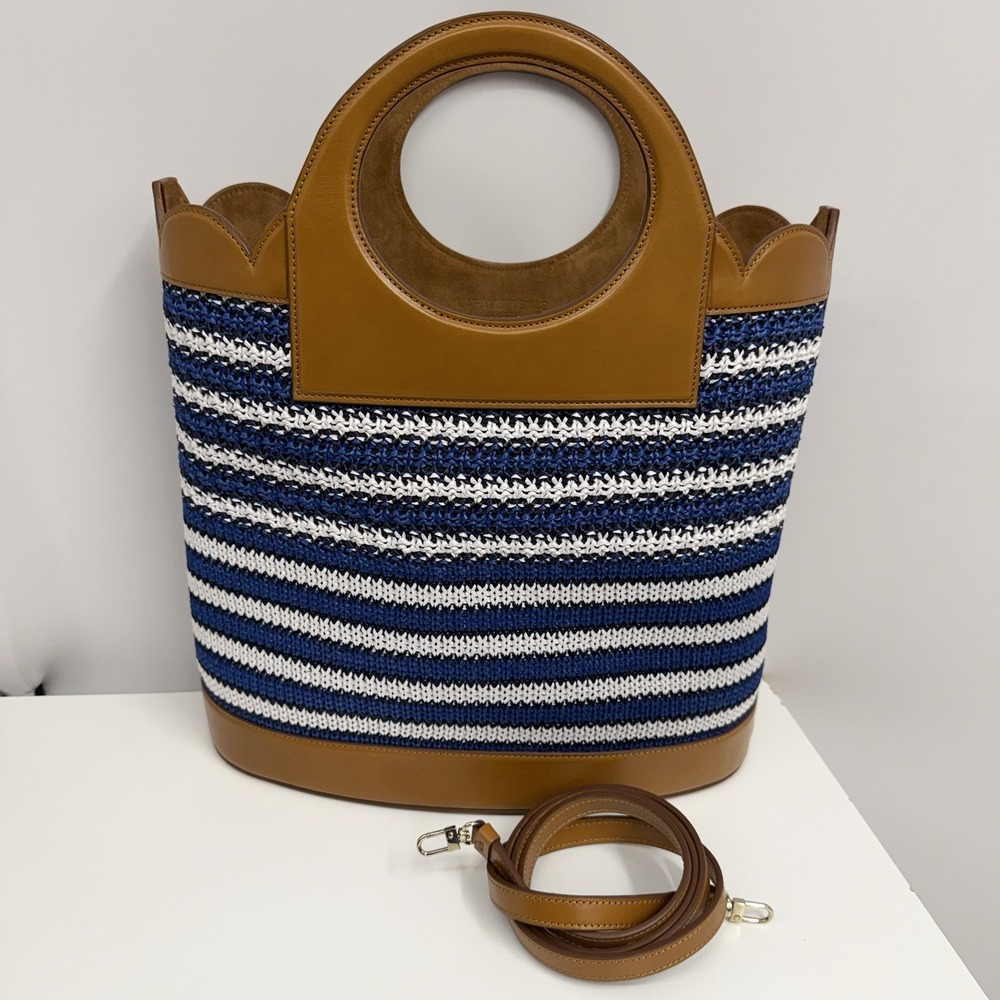 Lafayette 148 Leather & Woven Raffia Tote Bag Shoulder Purse $1898 VERY Large
